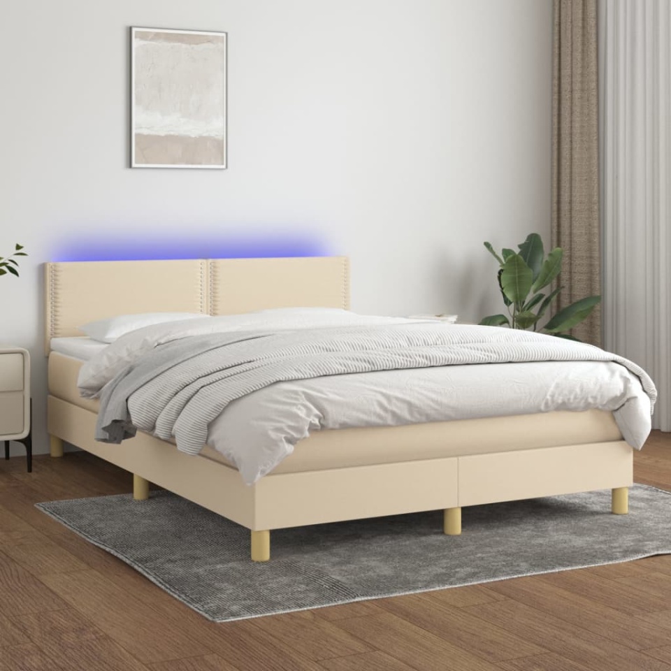 Pat cu arcuri, saltea și LED, crem, 140x200 cm, textil