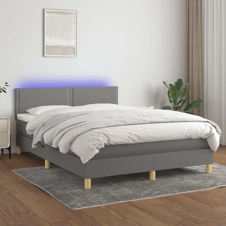 Pat cu arcuri, saltea și LED, gri închis, 140x190 cm, textil