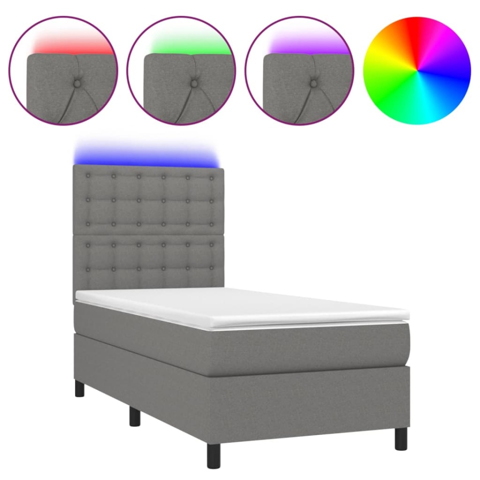 Pat cu arcuri, saltea și LED, gri închis, 90x190 cm, textil - 1 | YEO