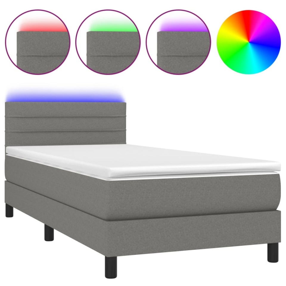 Pat cu arcuri, saltea și LED, gri închis, 90x190 cm, textil - 1 | YEO