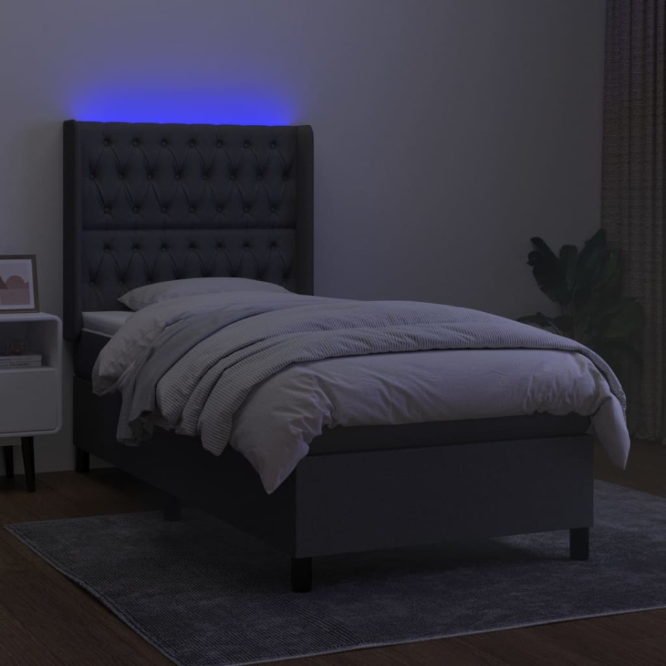 Pat cu arcuri, saltea și LED, gri închis, 90x190 cm, textil - 2 | YEO