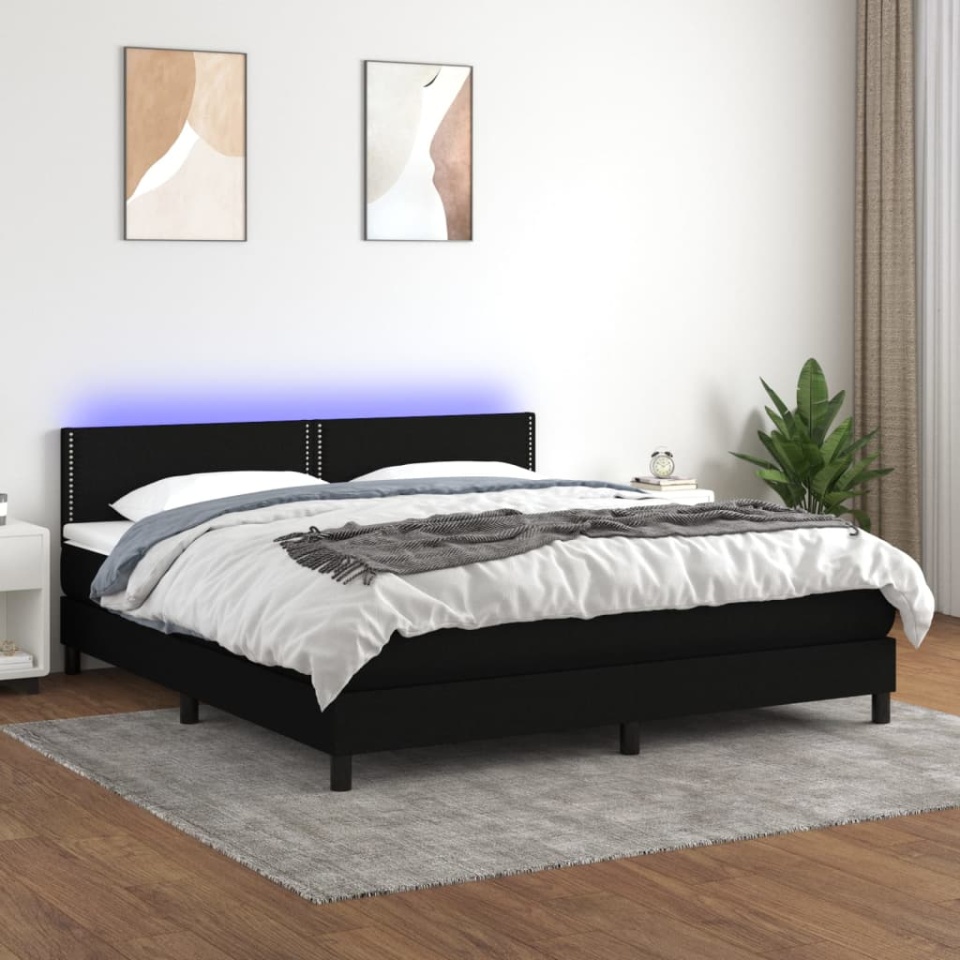 Pat cu arcuri, saltea și LED, negru, 160x200 cm, textil - 3 | YEO