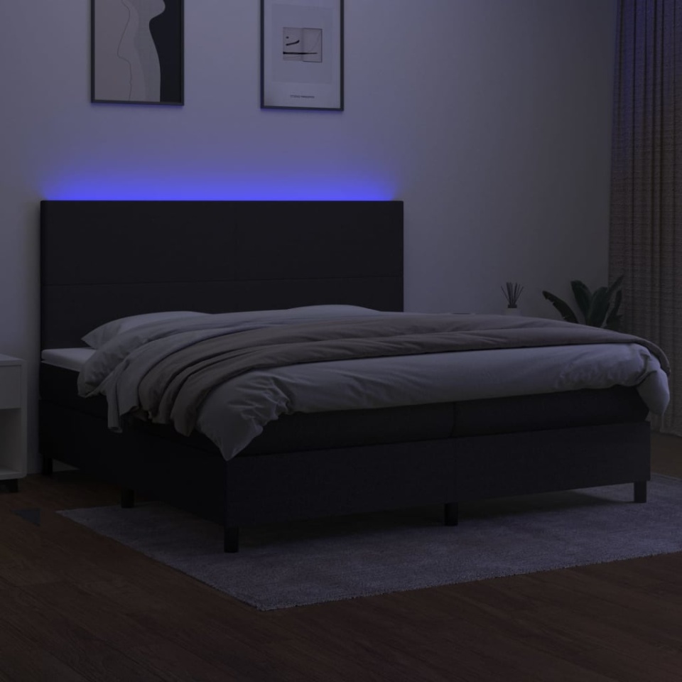 Pat cu arcuri, saltea și LED, negru, 200x200 cm, textil - 3 | YEO