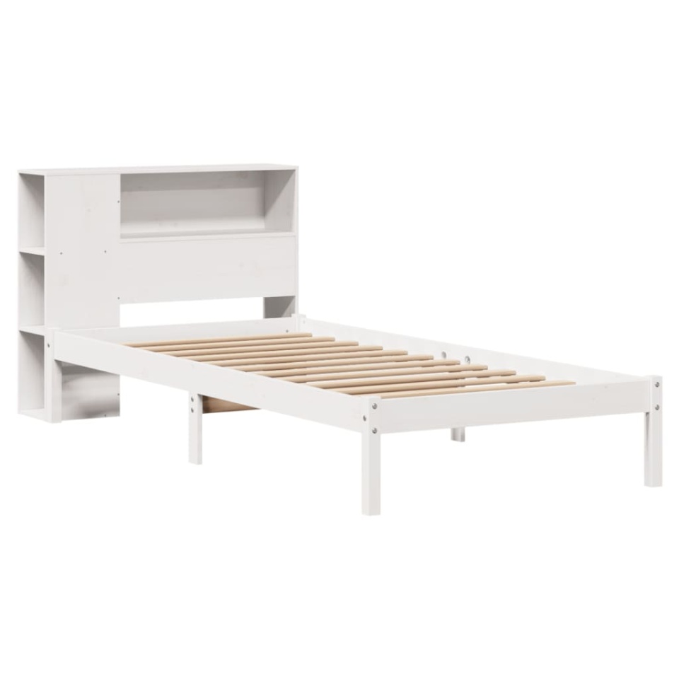 Pat cu bibliotecă fără saltea, alb, 100x200 cm, lemn masiv pin - 2 | YEO