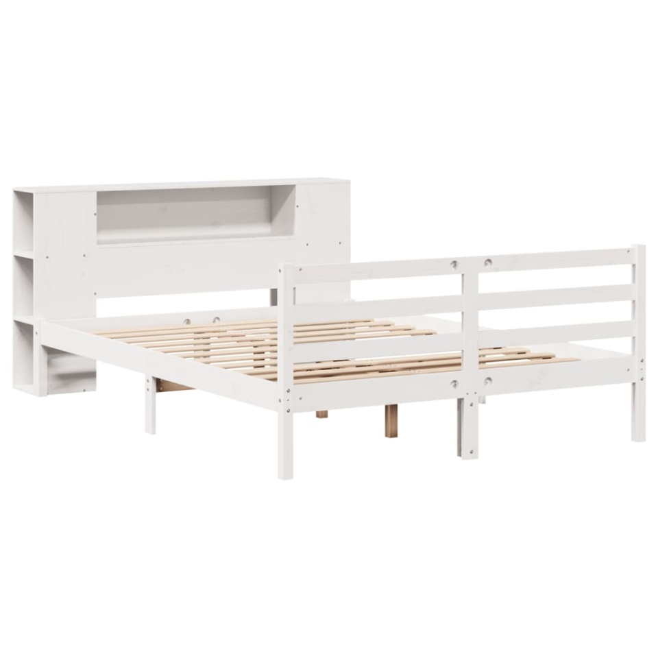 Pat cu bibliotecă fără saltea, alb, 140x190 cm, lemn masiv pin - 2 | YEO
