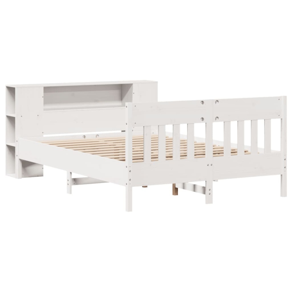 Pat cu bibliotecă fără saltea, alb, 140x190 cm, lemn masiv pin - 2 | YEO