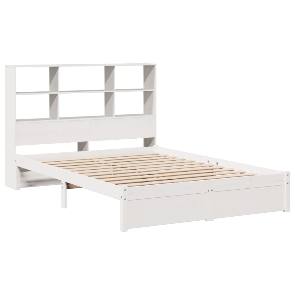 Pat cu bibliotecă fără saltea, alb, 140x190 cm, lemn masiv pin - 2 | YEO