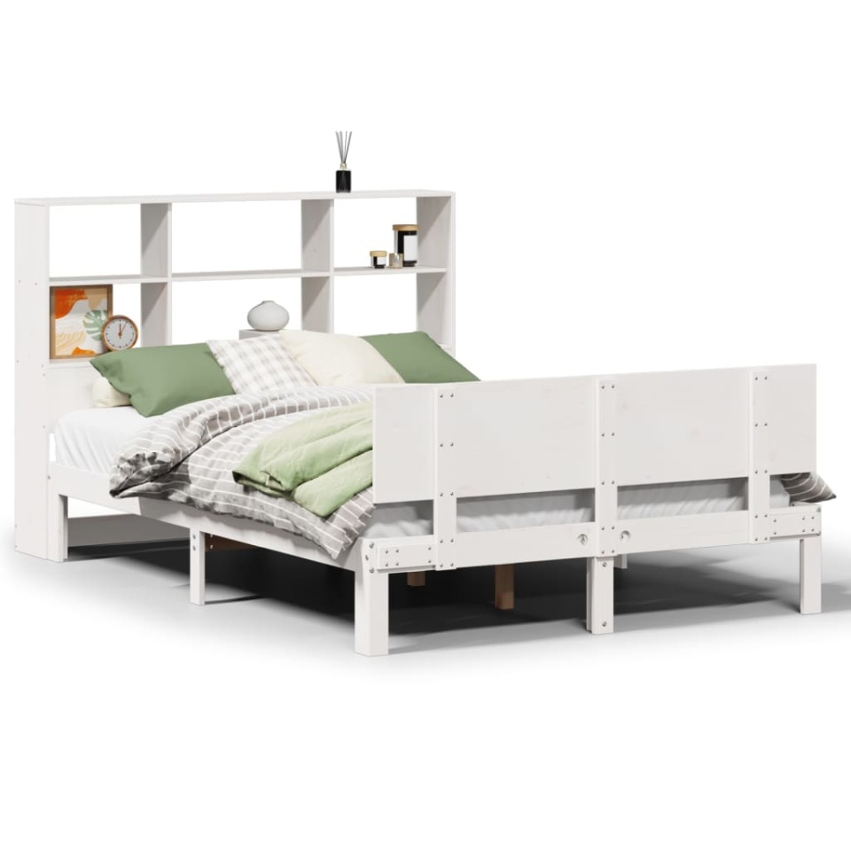 Pat cu bibliotecă fără saltea, alb, 140x190 cm, lemn masiv pin - 1 | YEO