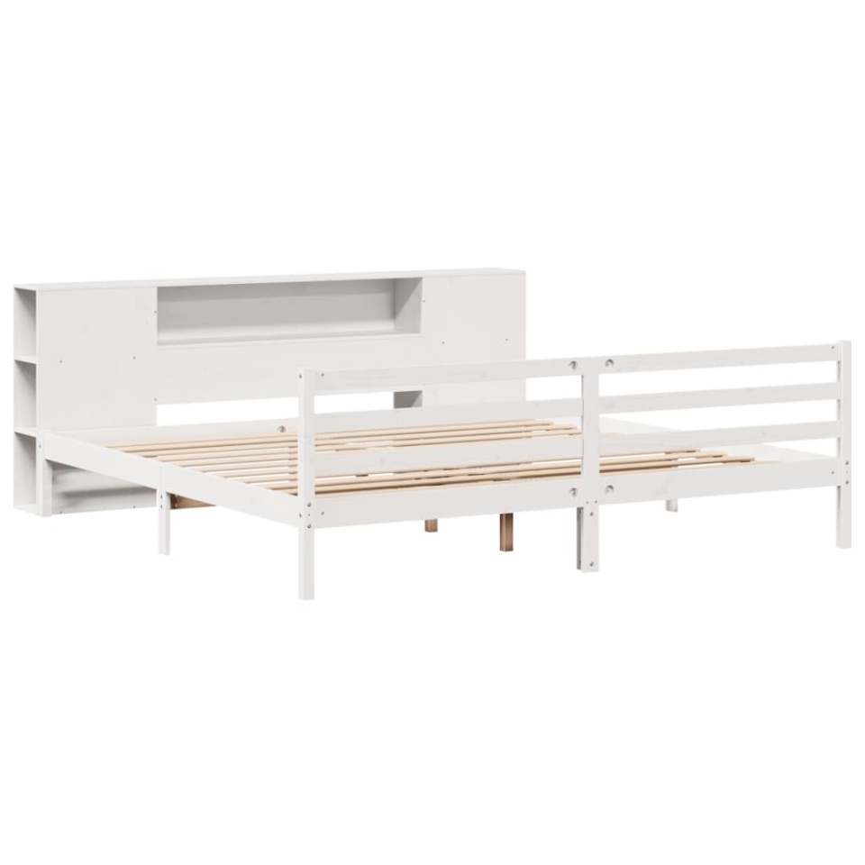 Pat cu bibliotecă fără saltea, alb, 200x200 cm, lemn masiv pin - 2 | YEO