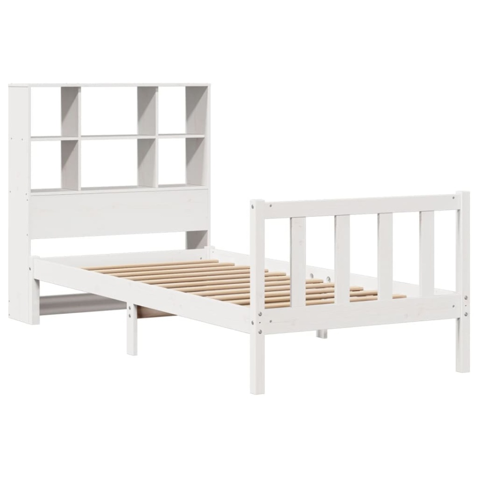 Pat cu bibliotecă fără saltea, alb, 90x200 cm, lemn masiv pin - 2 | YEO