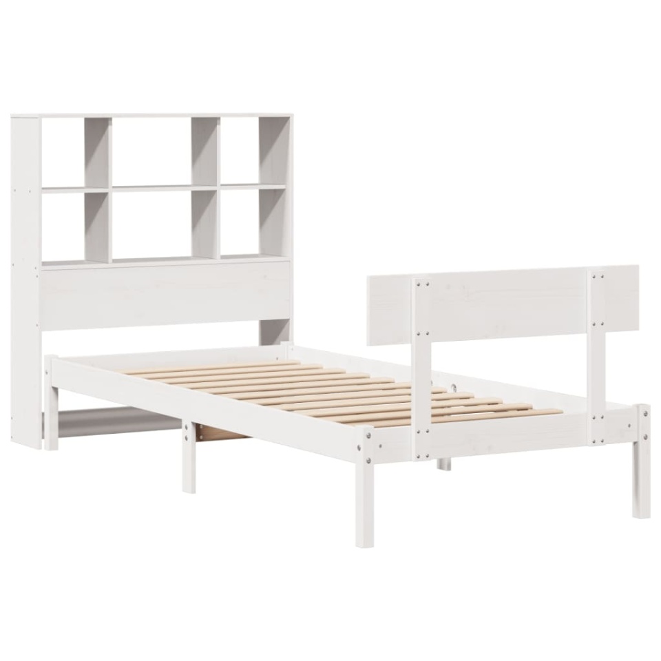Pat cu bibliotecă fără saltea, alb, 90x200 cm, lemn masiv pin - 2 | YEO