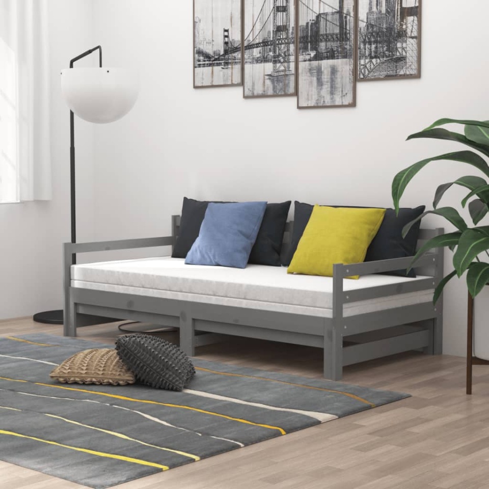 Pat extensibil de zi, 2x(90x200) cm, gri, lemn masiv de pin - 2 | YEO