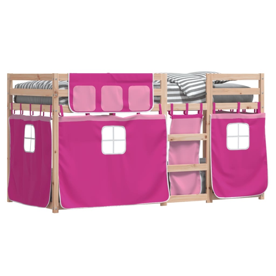 Pat supraetajat cu perdele, roz, 90x190 cm, lemn masiv pin - 3 | YEO