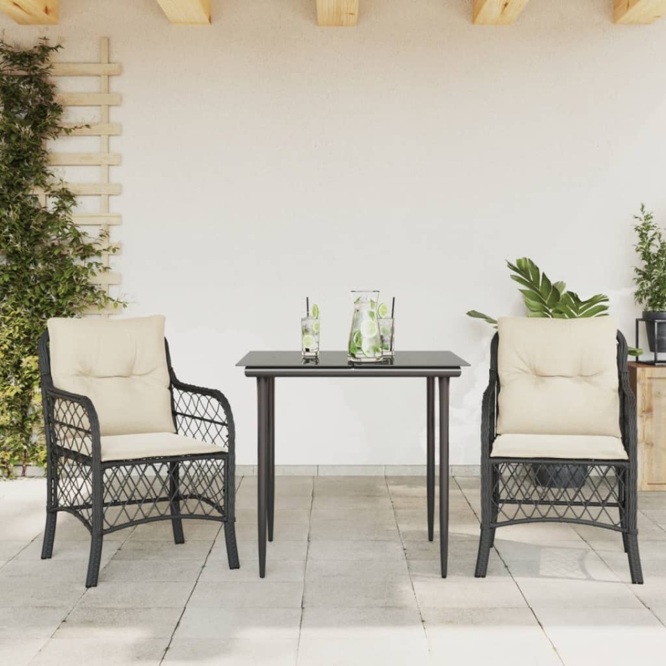 Set bistro cu perne, 3 piese, negru, poliratan