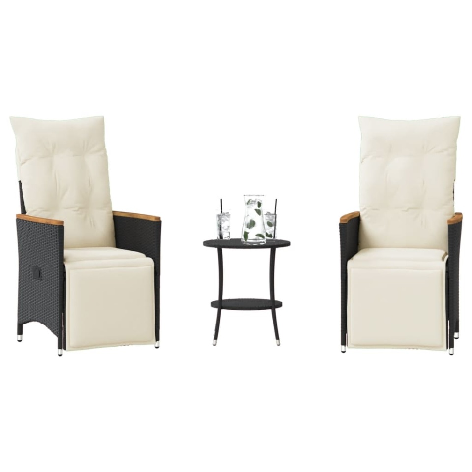 Set bistro cu perne, 3 piese, negru, poliratan