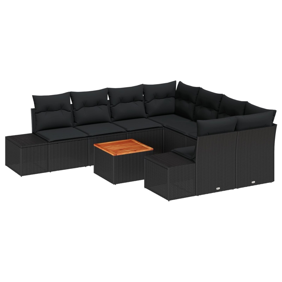 Set Canapea Grădină 9 Piese cu Perne Negru Poliratan Acacia - 1 | YEO