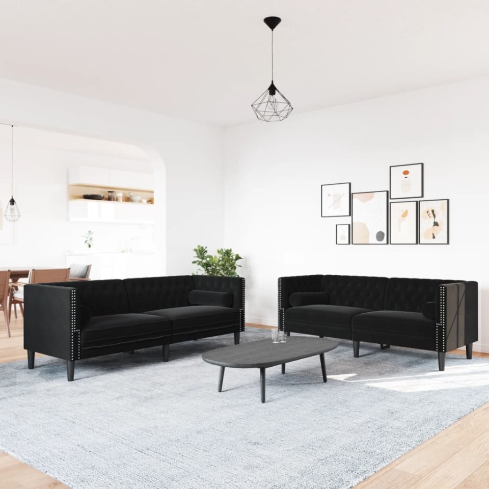 Set canapele Chesterfield cu perne rulou 2 piese negru catifea - 2 | YEO