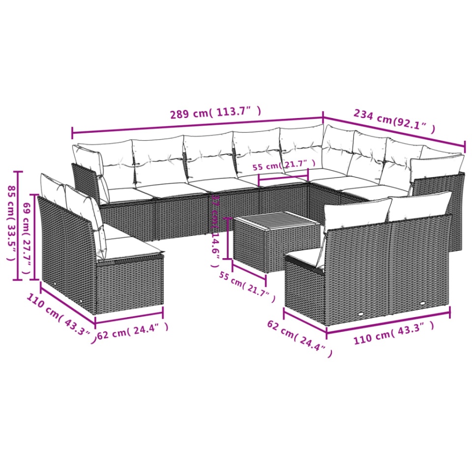 Set canapele de grădină, 13 piese, cu perne, bej, poliratan - 2 | YEO