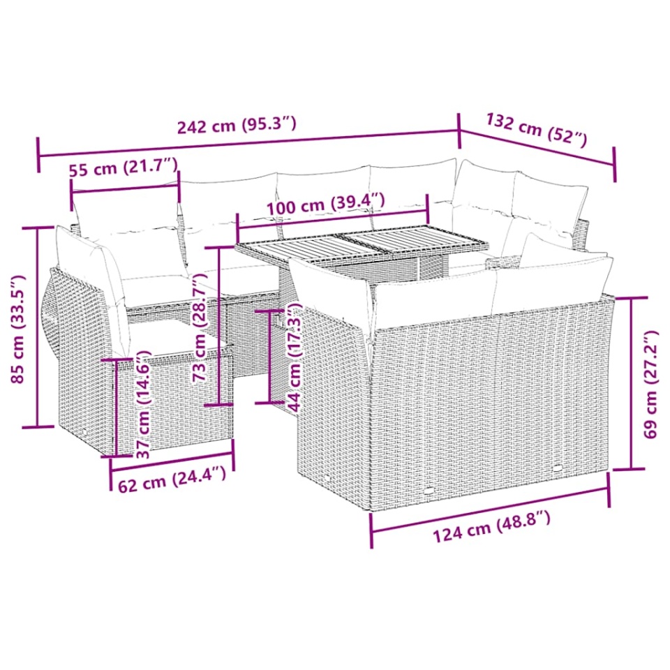 Set canapele de grădină, 9 piese, cu perne, bej, poliratan - 2 | YEO
