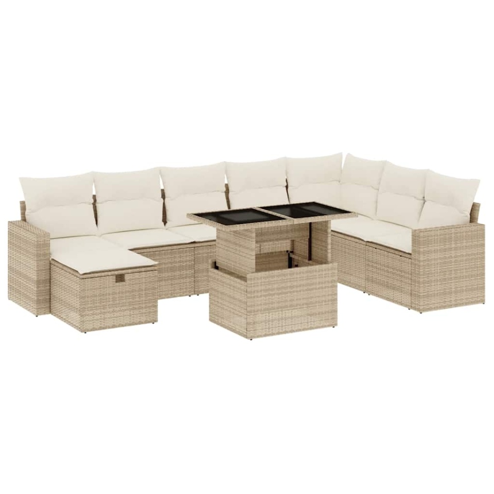 Set canapele de grădină, 9 piese, cu perne, bej, poliratan - 1 | YEO