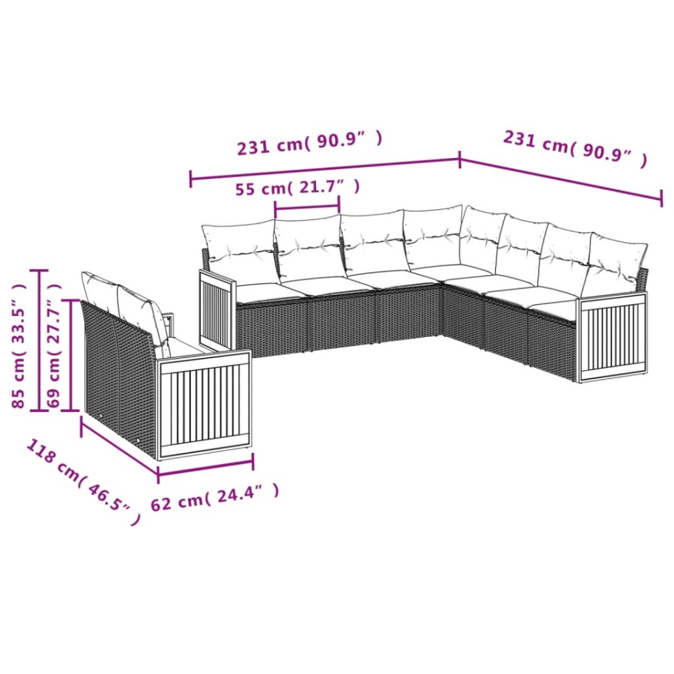 Set canapele de grădină, 9 piese, cu perne, bej, poliratan - 2 | YEO