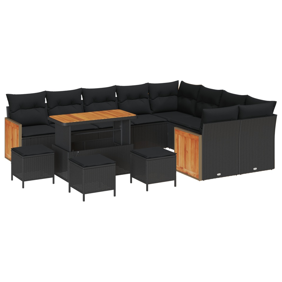 Set canapele grădină 13 piese, cu perne, ratan poli negru, Acacia, Set mese grădină 4 piese, cu perne, ratan poli negru, Acacia - 1 | YEO