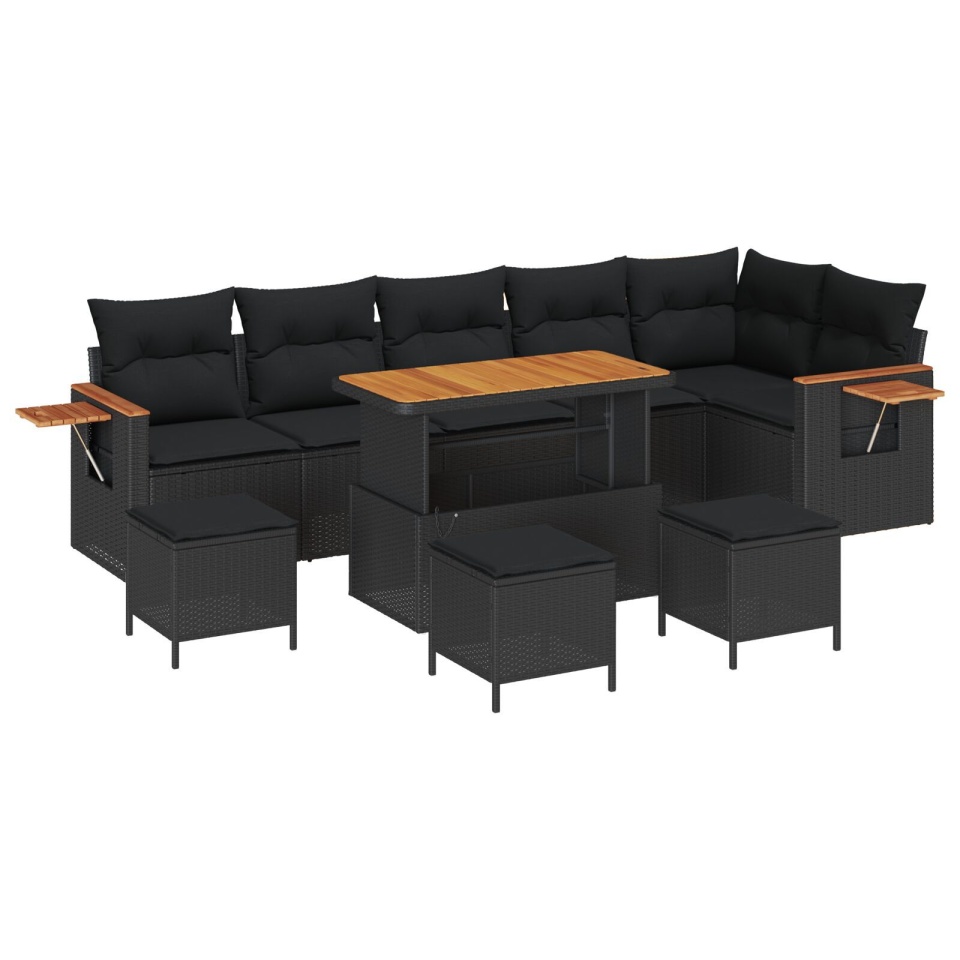 Set Canapele Grădină 9 Piese cu Perne Rattan Poli Negru Acacia, Set Mese Grădină 3 Piese cu Perne Rattan Poli Negru Acacia - 1 | YEO