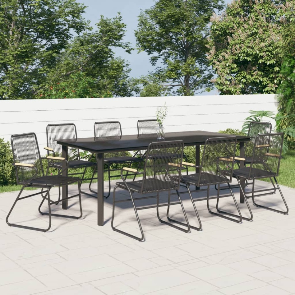 Set cu masă pentru grădină, 9 piese, negru, ratan PVC