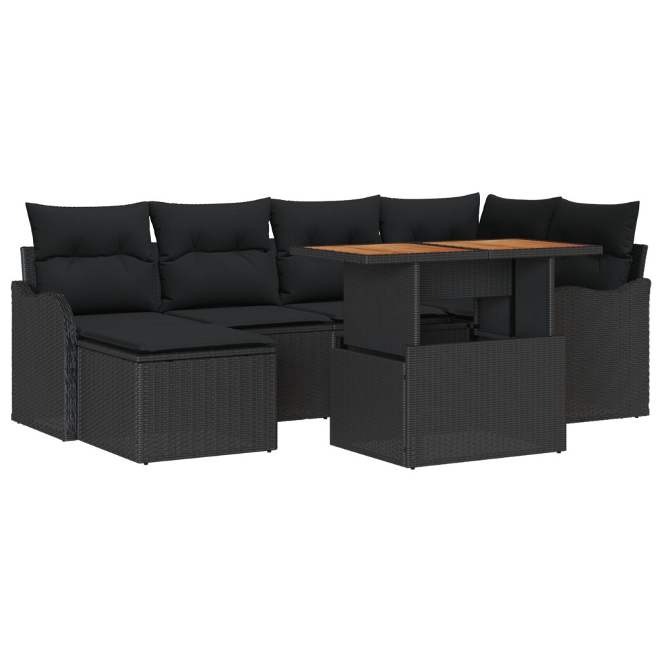 Set de 7 Piese Sofa Grădină cu Pernuțe Negru din Ratan Polimer Acacia, Sofa Grădină cu 2 Locuri și Pernuțe Negre din Ratan Polimer - 1 | YEO