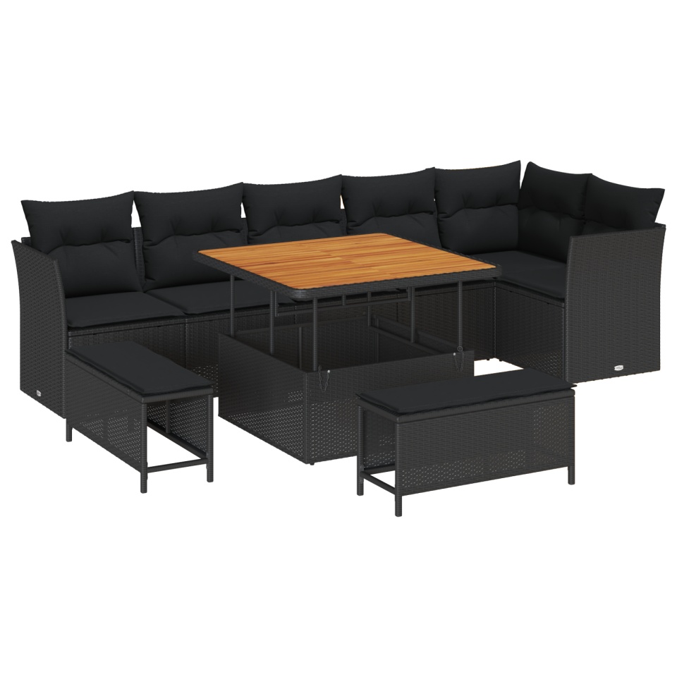 Set de 9 piese de sofa pentru grădină cu pernuțe Negru Ratan Poli Acacia, Set de 3 piese pentru masă în grădină cu pernuțe Negru Ratan Poli Acacia - 1 | YEO