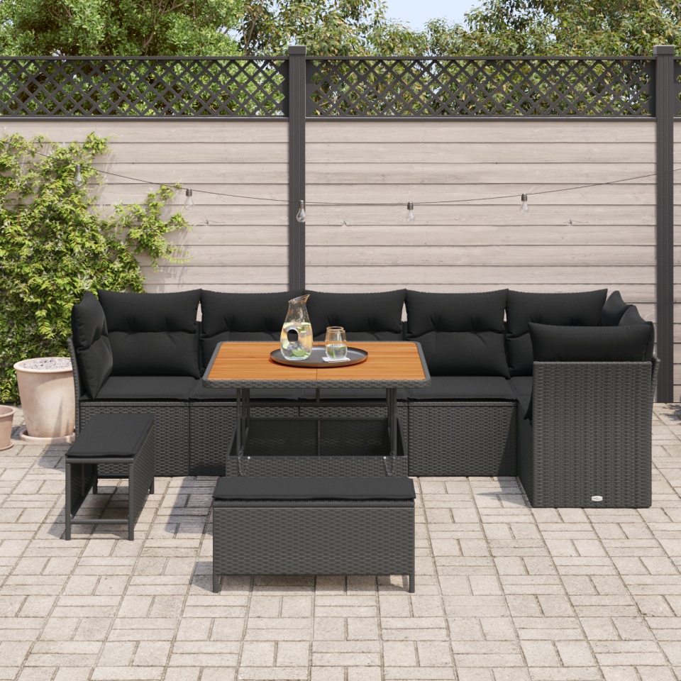Set de 9 piese de sofa pentru grădină cu pernuțe Negru Ratan Poli Acacia, Set de 3 piese pentru masă în grădină cu pernuțe Negru Ratan Poli Acacia - 2 | YEO