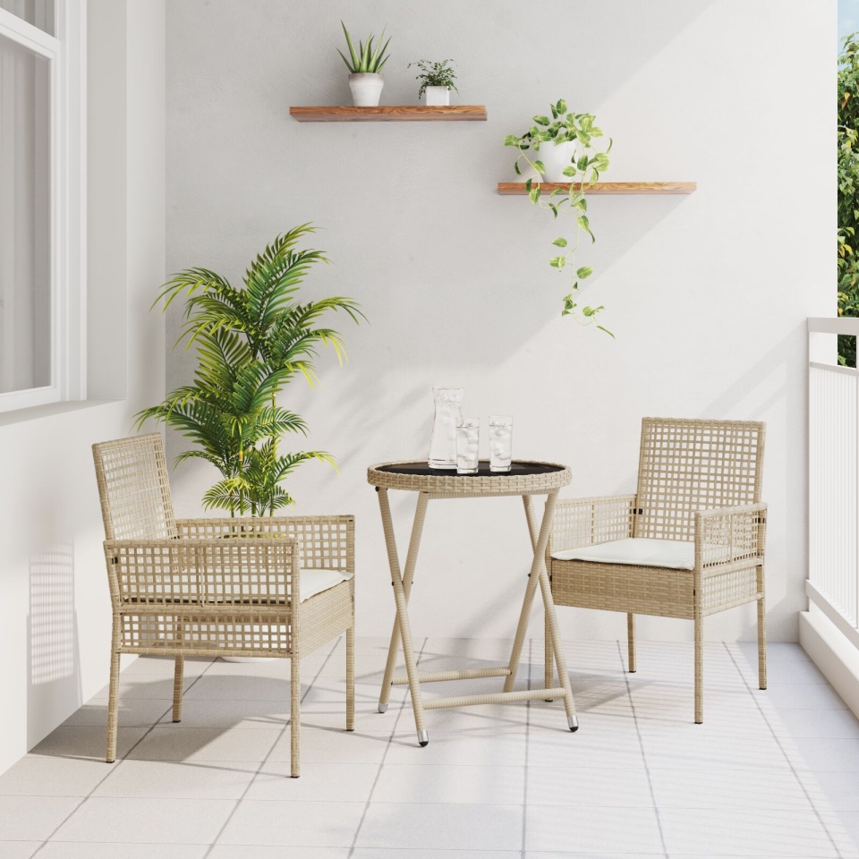 Set de bistro pentru grădină 3 piese cu perne Bej din ratan poliratan