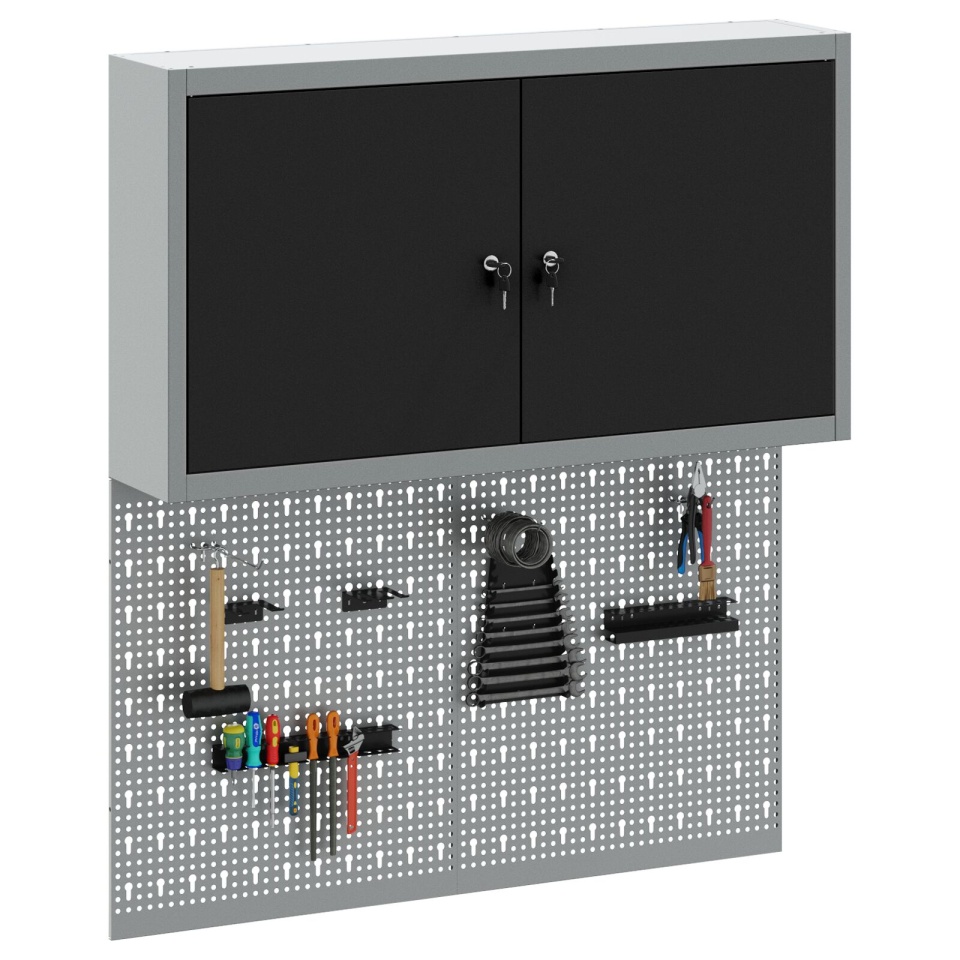 Set de cabinet pentru unelte și panou cu cârlige 3 piese montat pe perete din metal negru - 2 | YEO