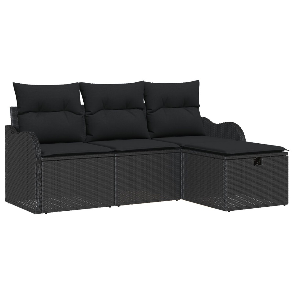 Set de Canapea de Grădină cu 4 Piese și Perne Negru Ratan Poli, Canapea de Grădină cu 2 Locuri cu Spațiu de Stocare & Perne Negru Ratan Poli - 1 | YEO