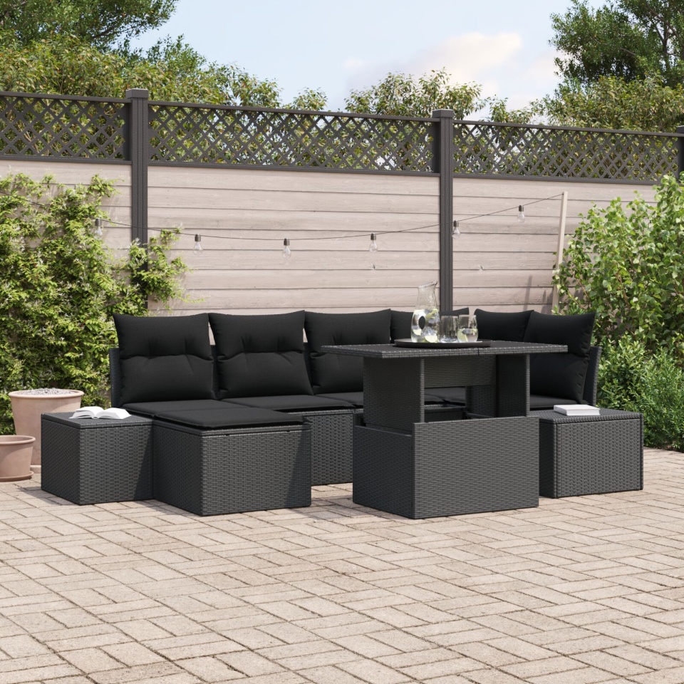 Set de canapea grădină Set de 7 Negru Ratan, Poliester