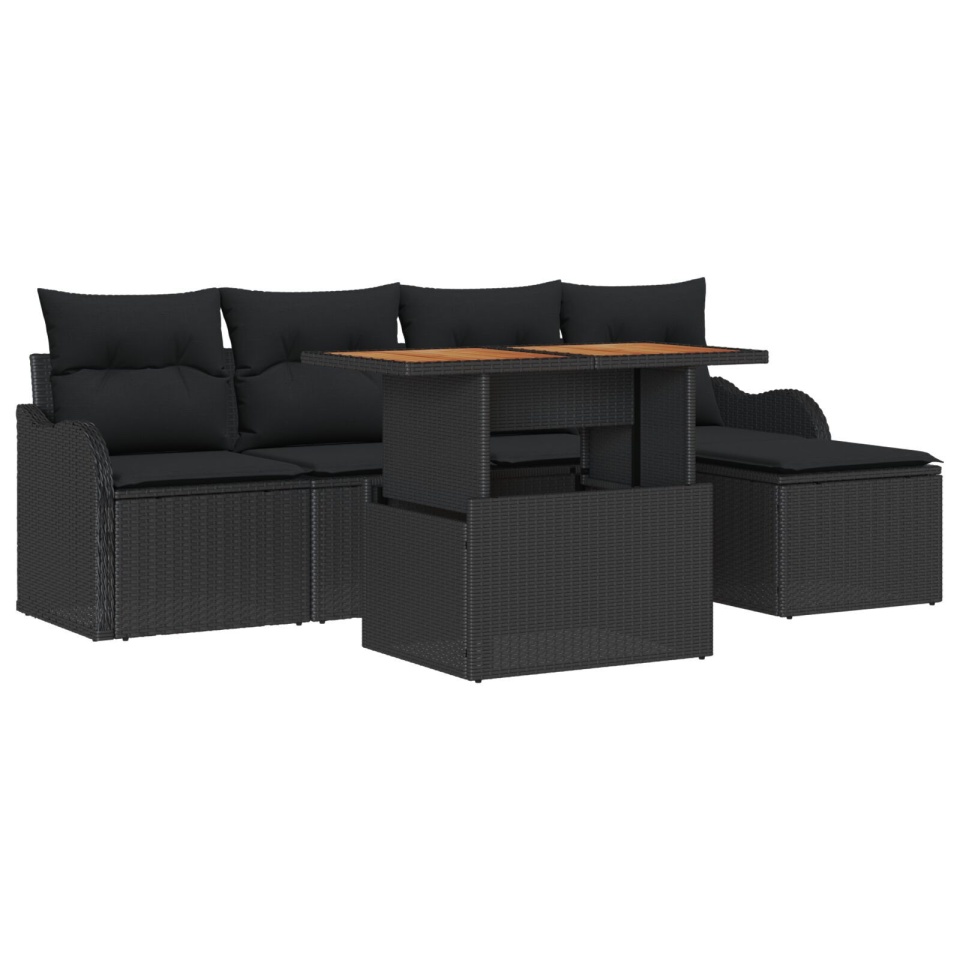 Set de canapele de grădină cu 6 piese și pernițe din ratan poliester negru, Canapea de grădină cu 2 locuri cu depozit și pernițe din ratan poliester negru - 1 | YEO
