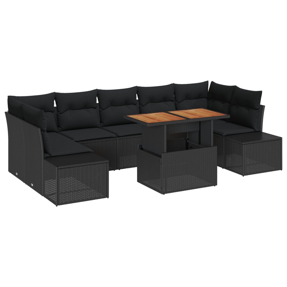 Set de canapele de grădină cu 8 piese și perne, Negru, Poliratan - 1 | YEO