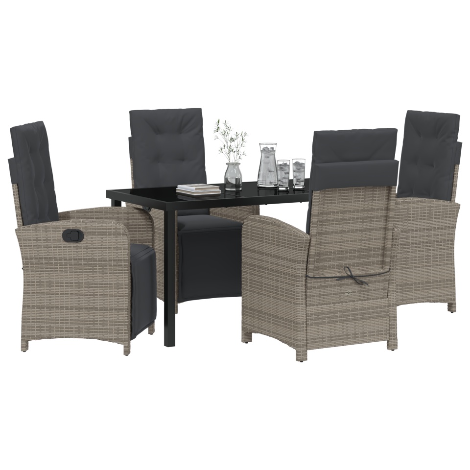 Set de dining pentru grădină cu 5 piese și perne din ratan sintetic gri, Masa de grădină Black 140x80x73 cm din sticlă pentru fumat - 2 | YEO