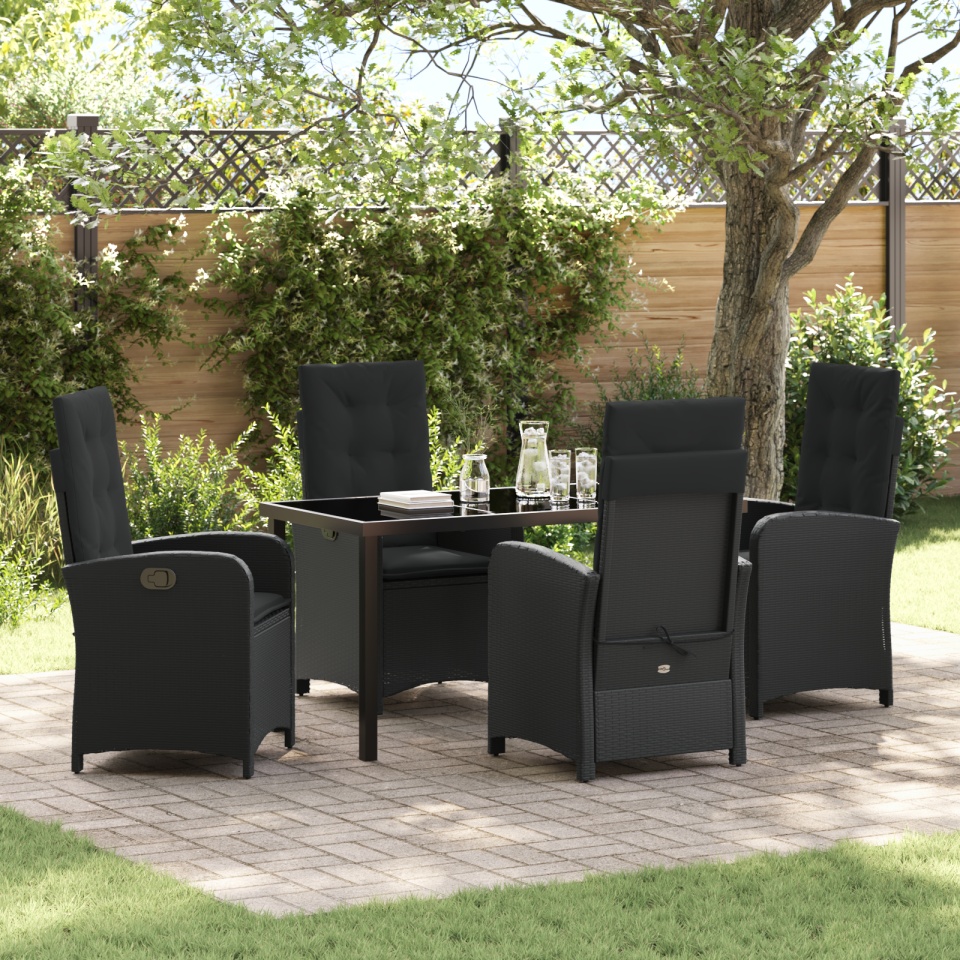 Set de dining pentru grădină cu 5 piese și perne negre din ratan sintetic