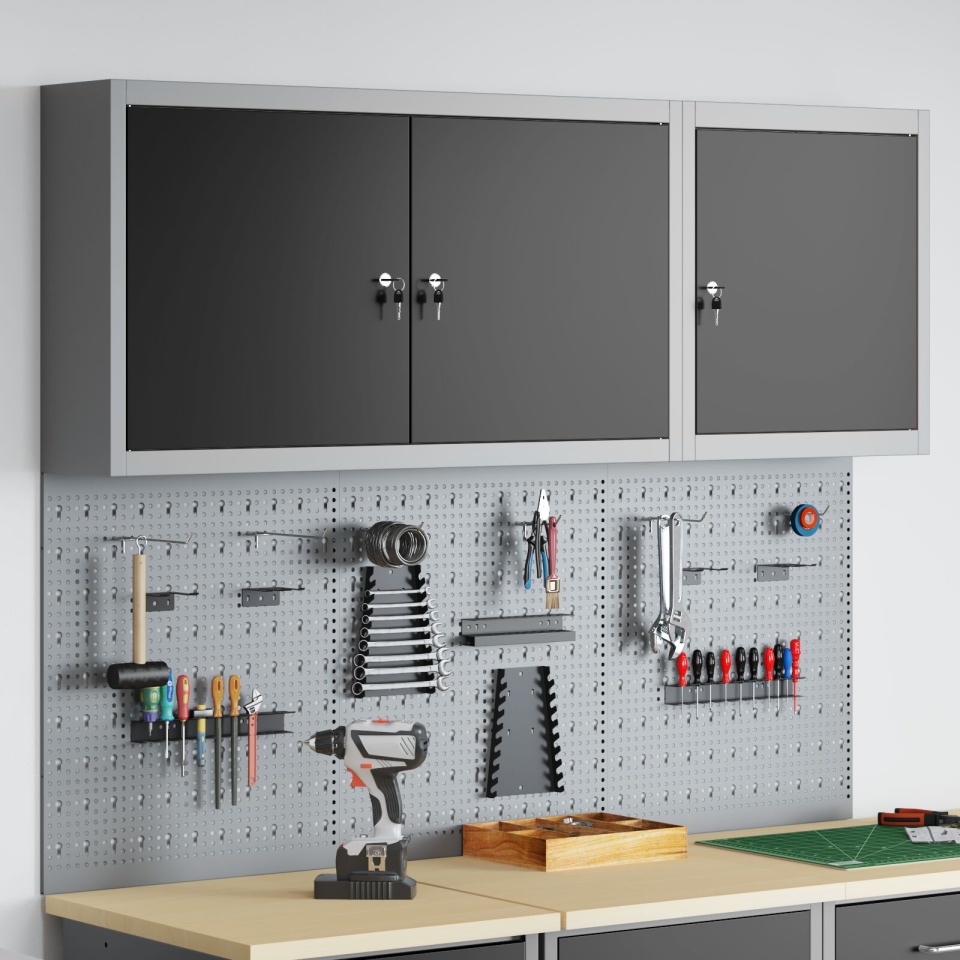 Set de dulap de unelte și panou perforat cu 5 piese montat pe perete Metal negru