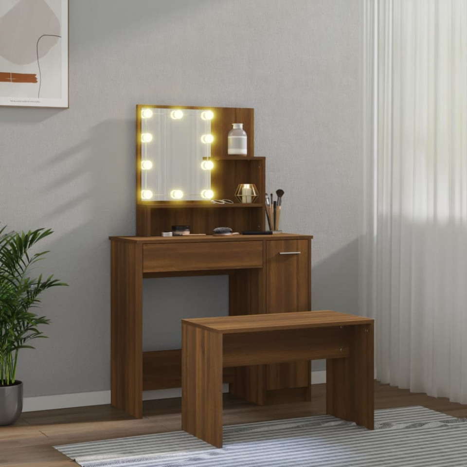 Set de masă de toaletă cu LED, stejar maro, lemn prelucrat - 2 | YEO