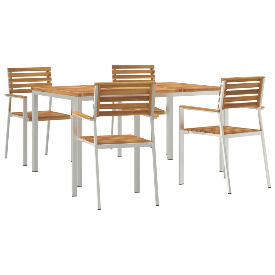 Set de Masă pentru Grădină 5 Piese Lemn Masiv de Acacia, Masă de Exterior 150x90x75 cm Lemn Masiv de Acacia, Scaune Grădină Stivuite 4 buc Lemn Masiv de Acacia și Oțel - 1 | YEO
