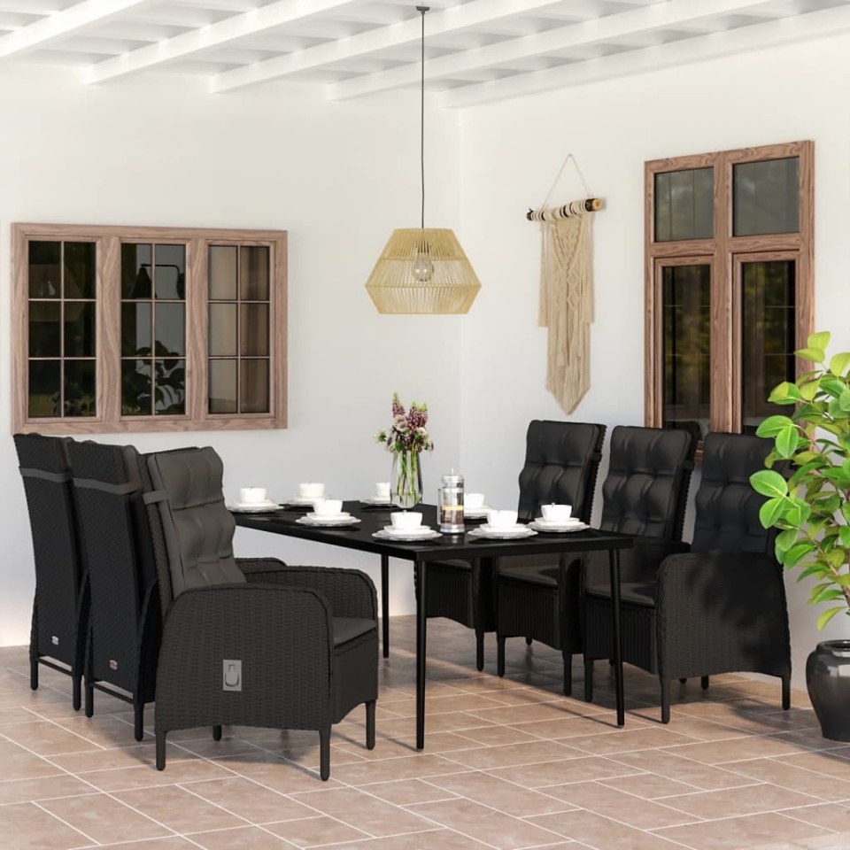 Set de masă pentru grădină, 7 piese, cu perne, negru