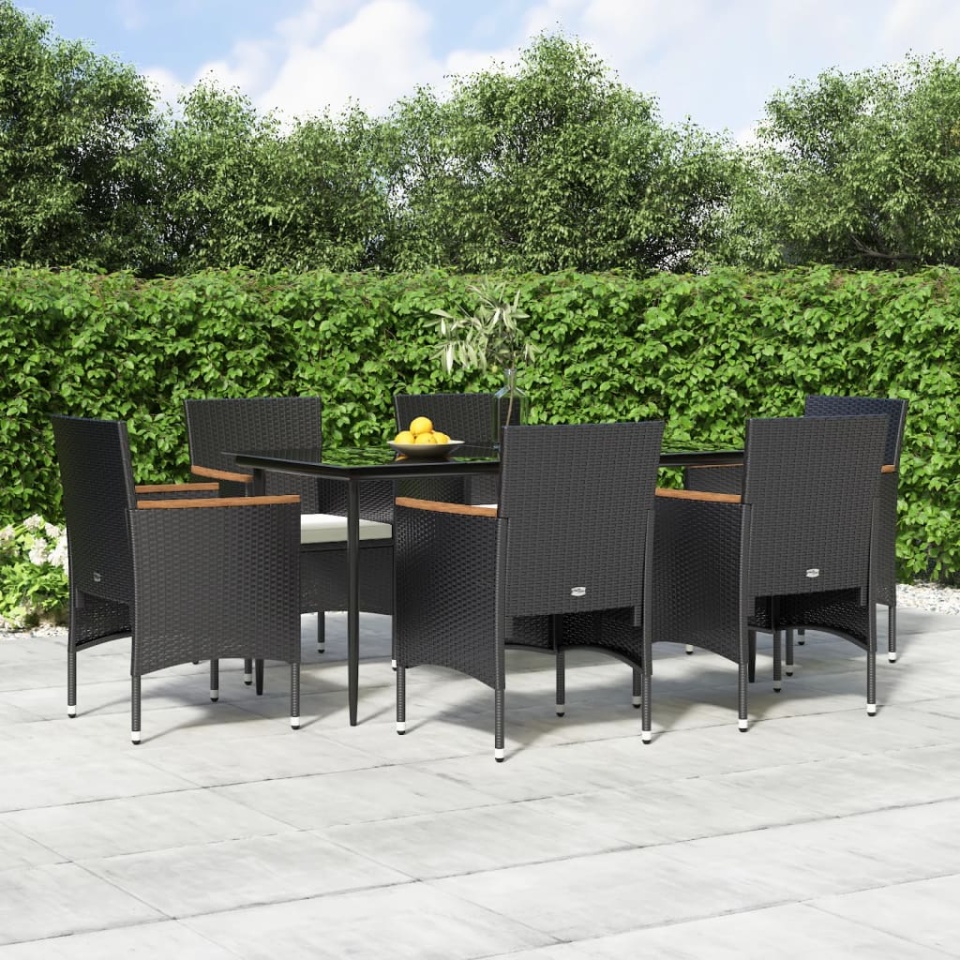 Set de masă pentru grădină, 7 piese, cu perne, negru