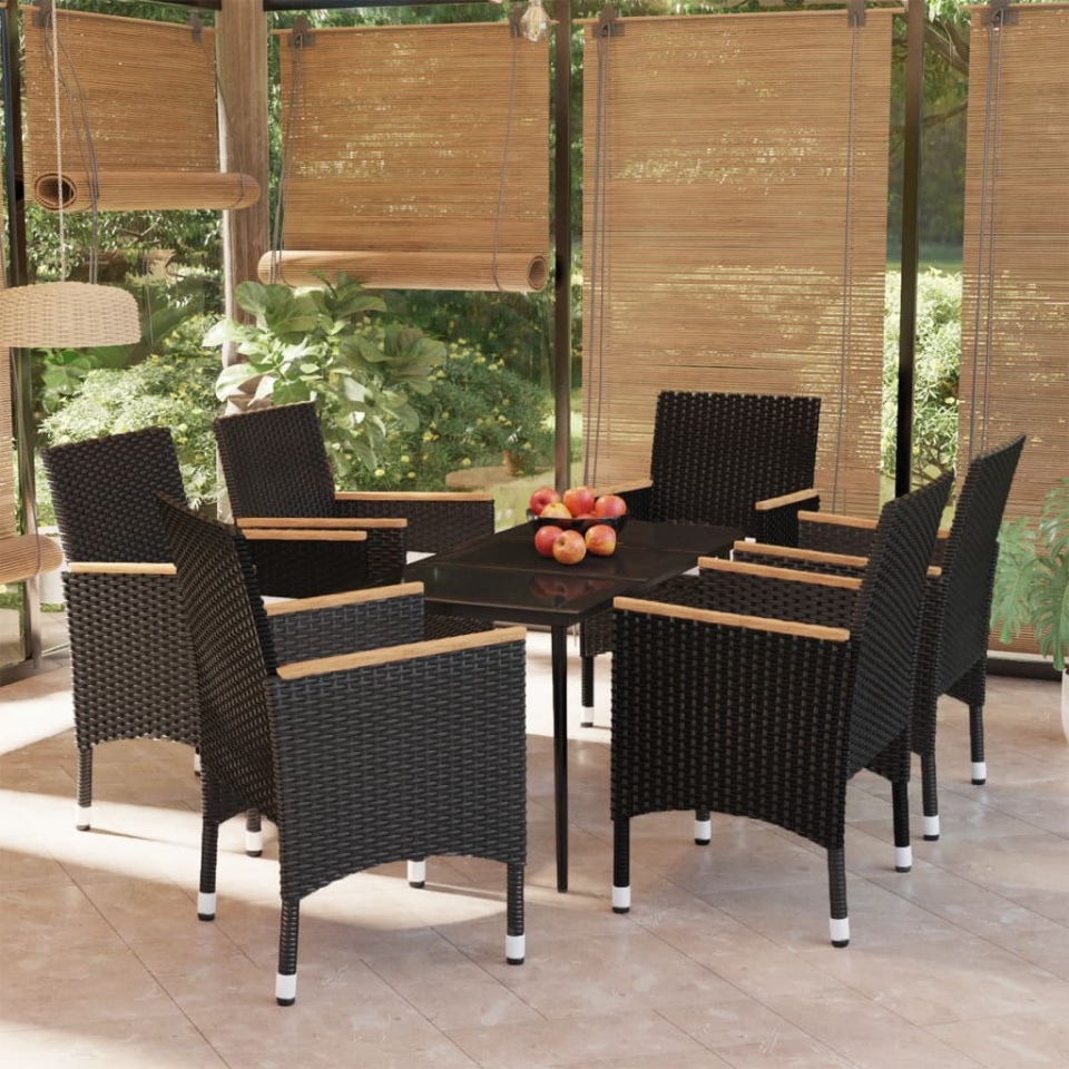 Set de masă pentru grădină, 7 piese, cu perne, negru