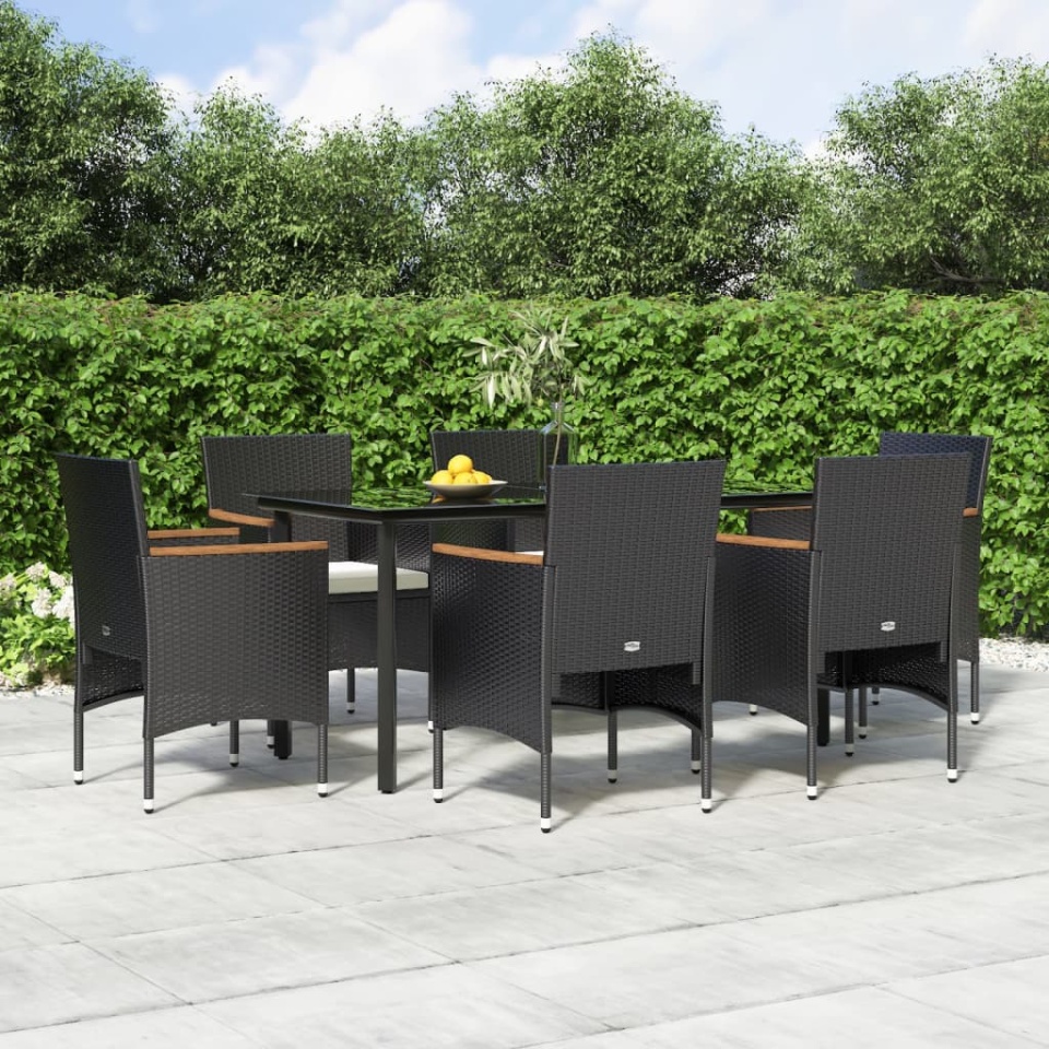 Set de masă pentru grădină, 7 piese, cu perne, negru