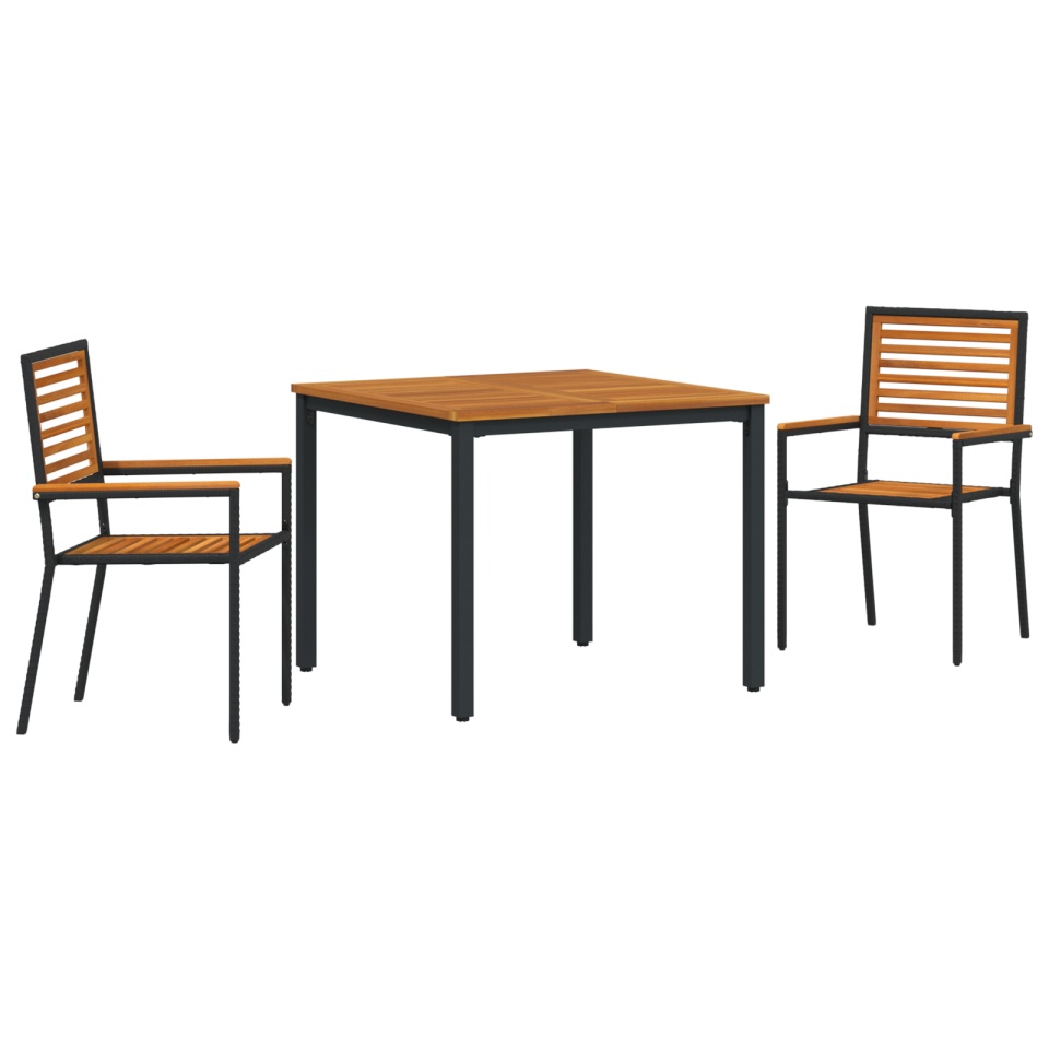 Set de Masă pentru Grădină de 3 Piese Rattan Poly Negru Acacia, Scaune de Grădină Stivuibile cu Perne 2 buc Rattan Poly Negru, Masă de Grădină 90x90x75 cm Lemn Solid de Acacia și Metal - 1 | YEO