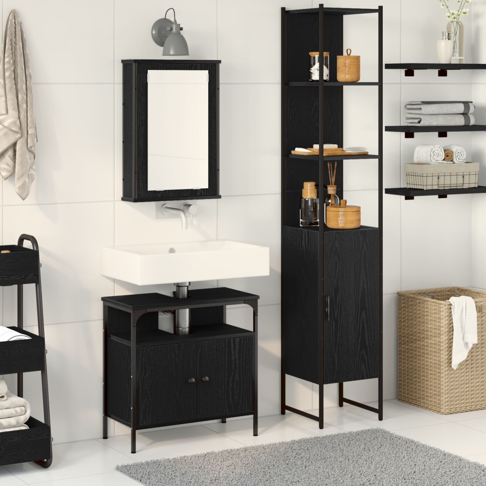 Set de mobilă pentru baie 3 piese Negru Stejar Lemn prelucrat