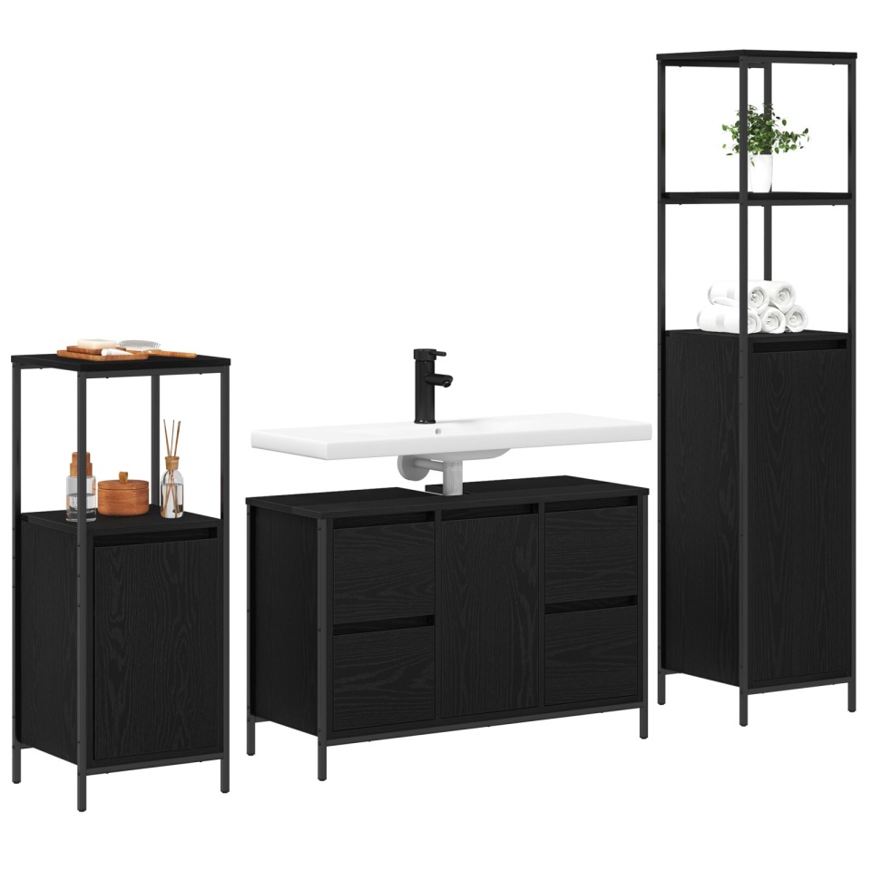 Set de mobilier pentru baie 3 piese - Stejar negru din lemn prelucrat - 2 | YEO