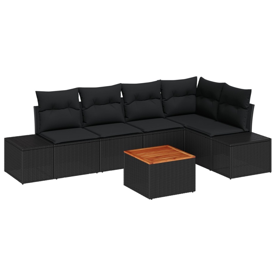 Set de sofa de grădină cu 6 piese și perne negre din poliratan și lemn de acacia - 1 | YEO